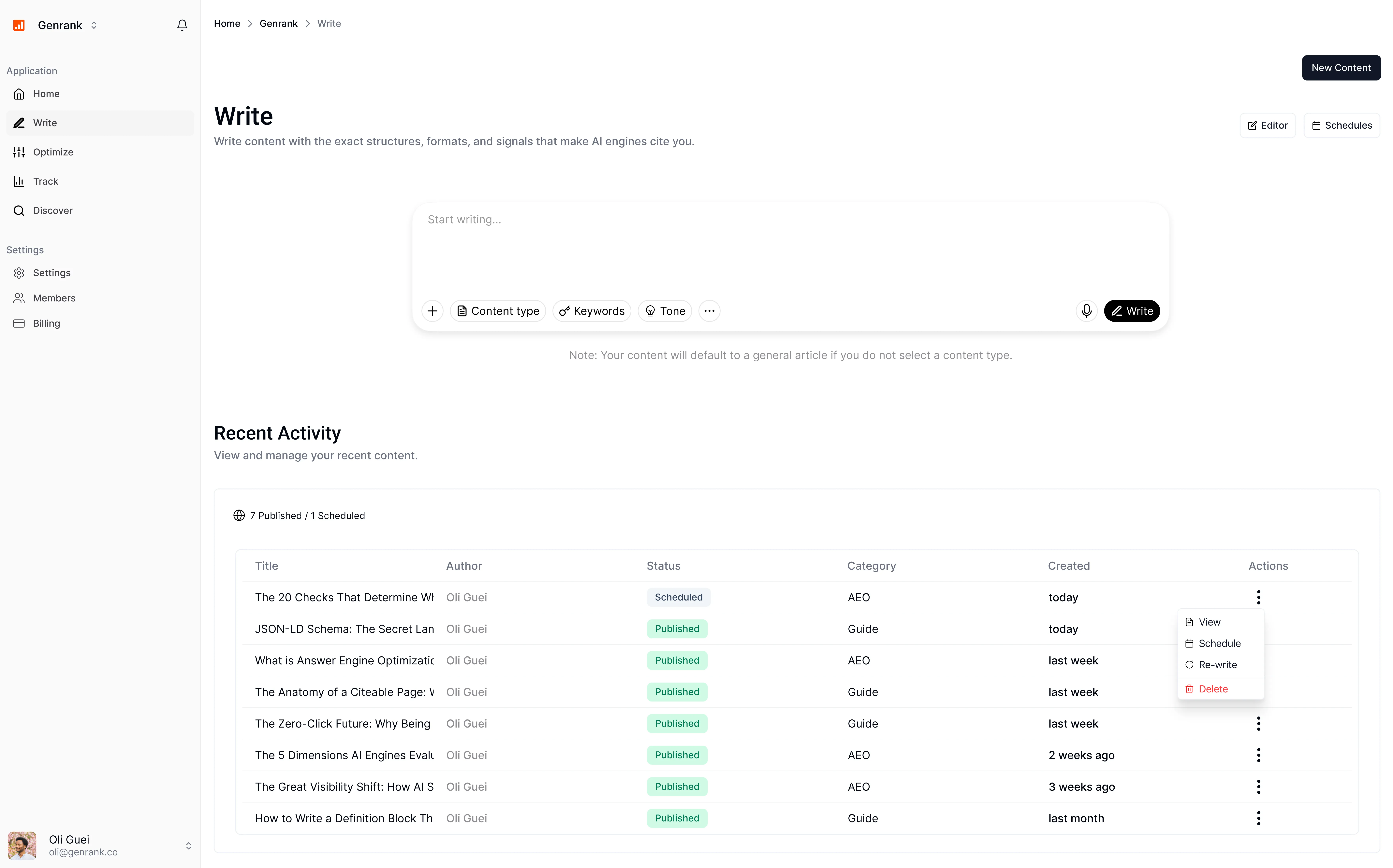 Genrank AEO Write feature showing AI-powered content writing and optimization.